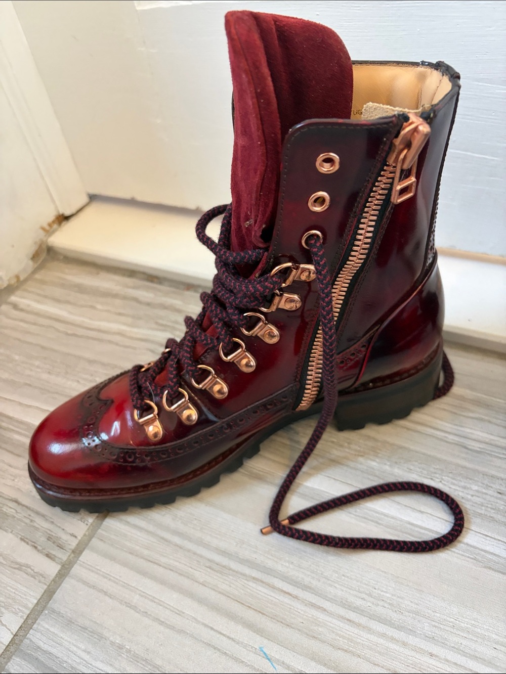Office of Angela Scott Burgundy Lace-Up Women's Brogue Boots - Picture 4 of 10